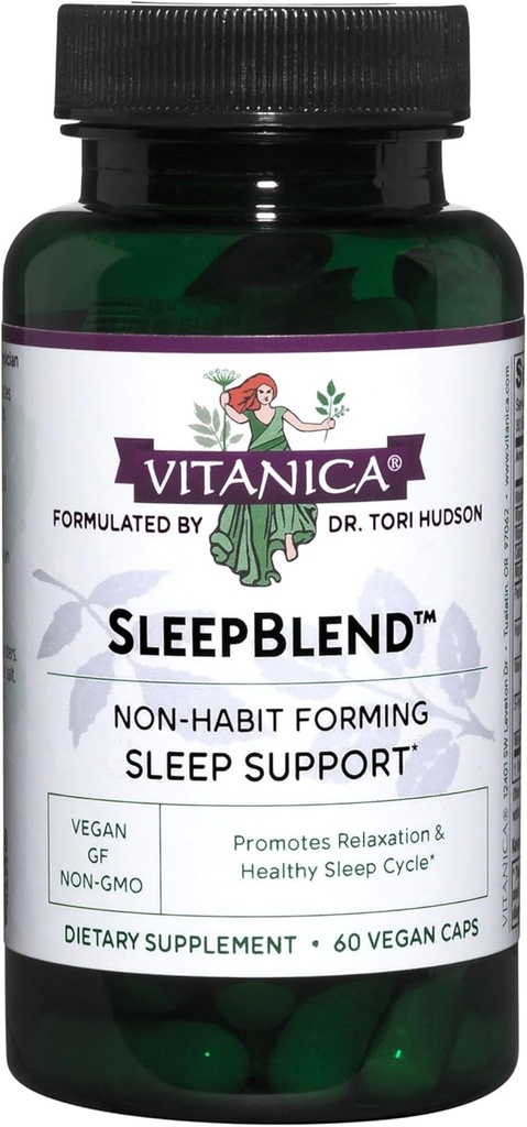 Vitanica Sleepblend, Non Habit Forming Sleep Support Suplemento, con Melatonin, Valerian Root, Passionflower y Hops, Vegan, 60 cápsulas