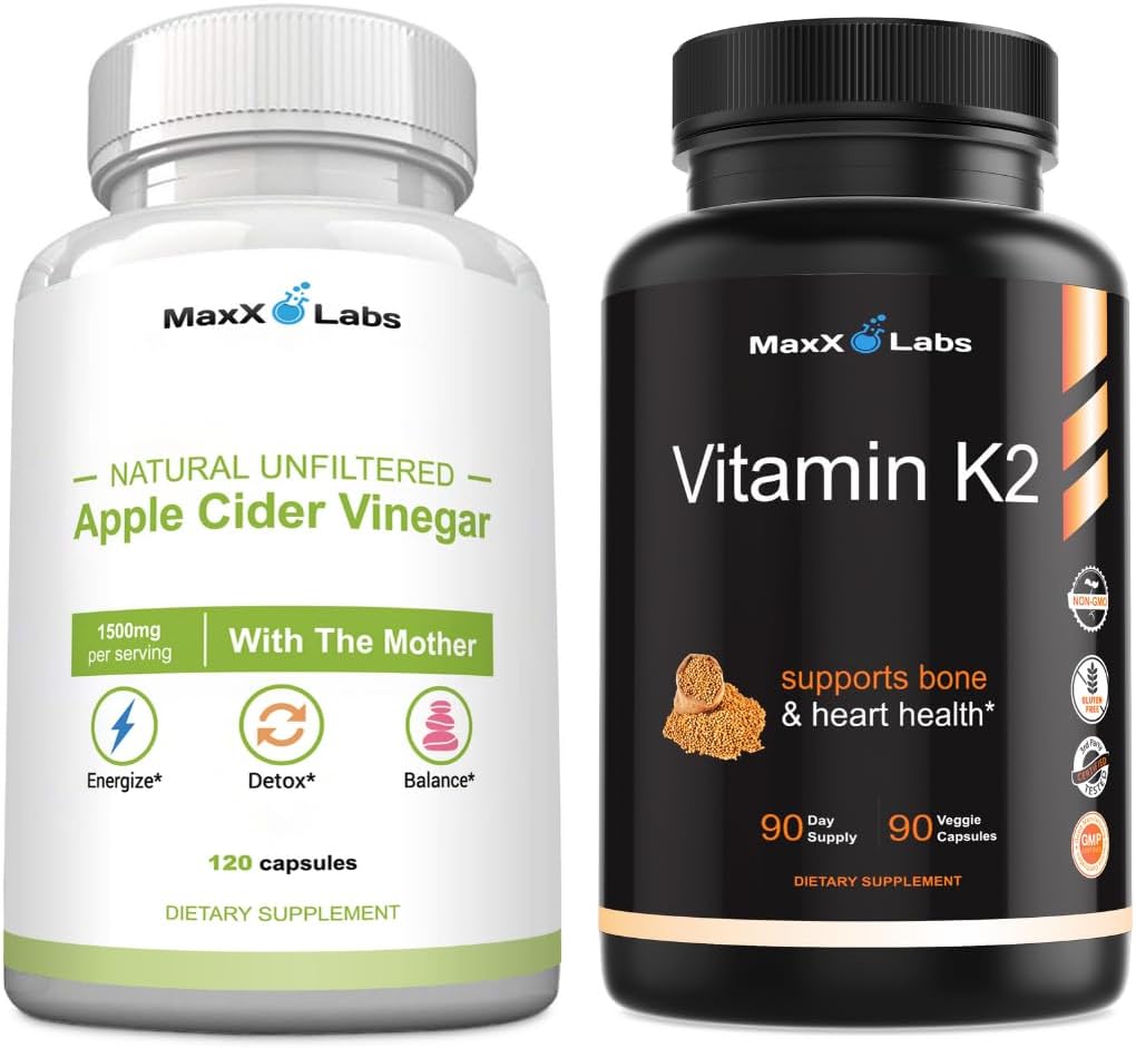 Manzana de vinagre cápsulas con la madre ayuda a mejorar la energía, la inmunidad, la digestión & metabolismo + vitamina K2 suplemento - Espectrum completo vitamina K2 MK7, MK4 &amp; calcio - 90 cápsulas