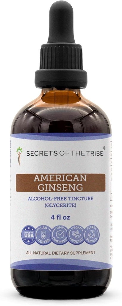 Secretos del Tribe American Ginseng Tincture Extract líquido libre de alcohol, Farm Grown American Ginseng (Panax Quinquefolius) Root seco (4 FL OZ)