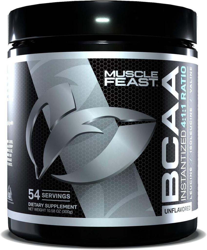 Muscle Feast Vegan BCAA Powder 4:1 Ratio Keto Friendly Sugar Free Post Workout Recovery, Unflavored, 300g...
