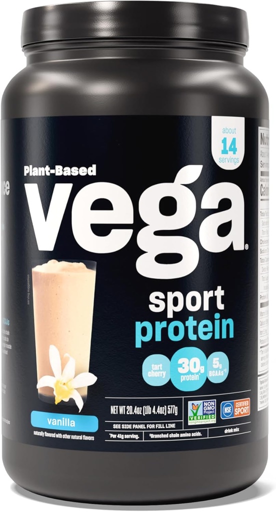 Vega Sport Protein Powder Vanilla (14 porciones, 20.4 oz) - Powder de proteína vegana de base vegetal, BCAAs, Aminoácidos, cereza de tarta, no lácteos, libre de gluten, no GMO (paquete mayo Vary)