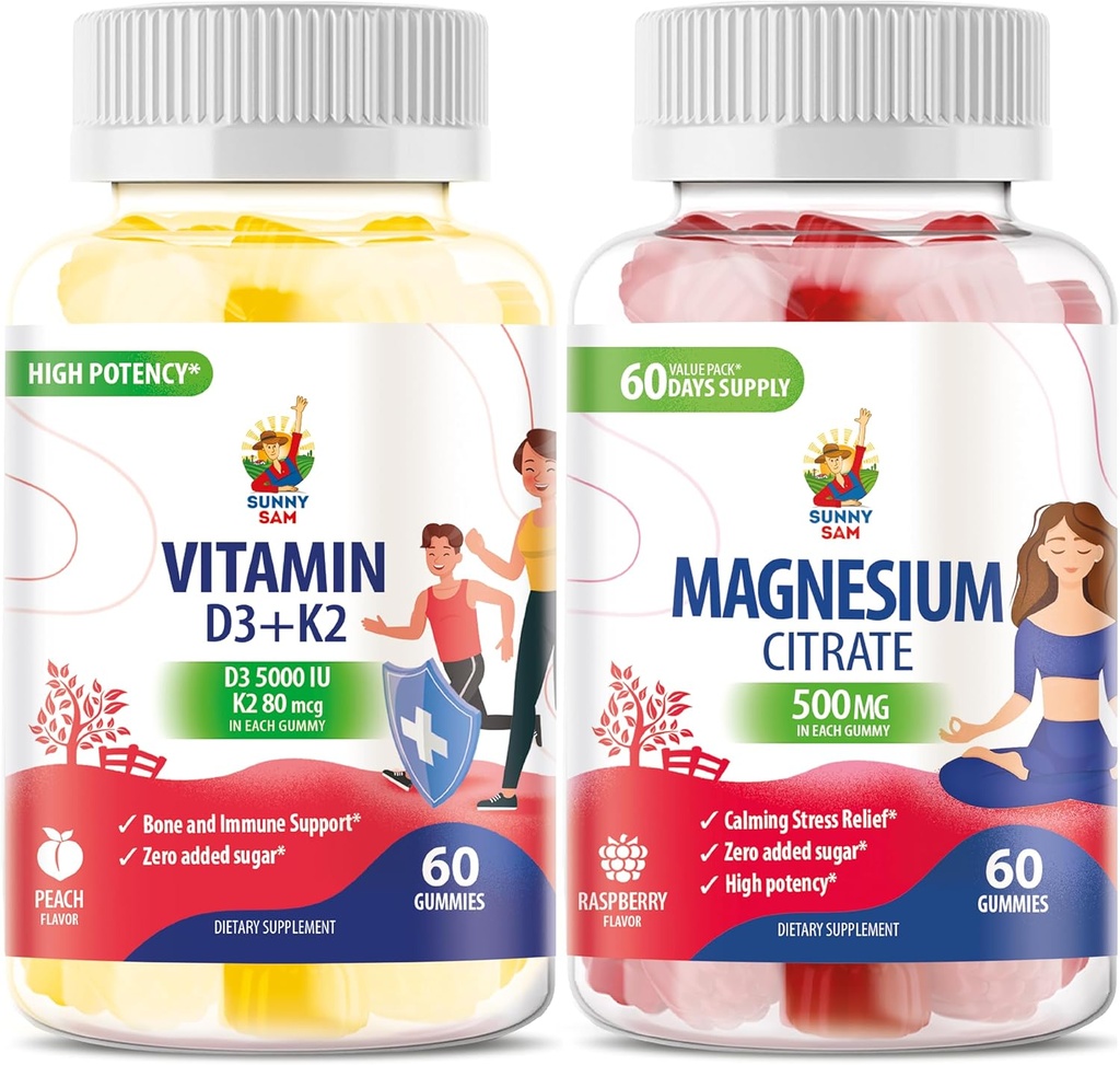 Vitamina D3 K2 Gummies 5000 UI - Immune & Bone Suppor &amp; Magnesium Gummies for Kids &amp; Adults - 500mg