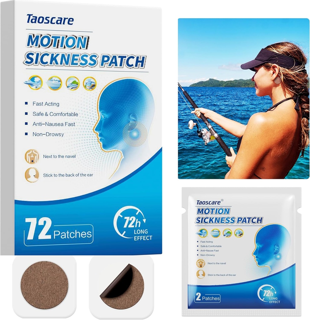 Motion Sickness Patches, Sea Sickness Patch for Cruise, Non-Drowsy, Car/Ships/Airplane/Amusement Park Trip Sick Relief, Travel Essentials for Kids and Adults (72 Count)