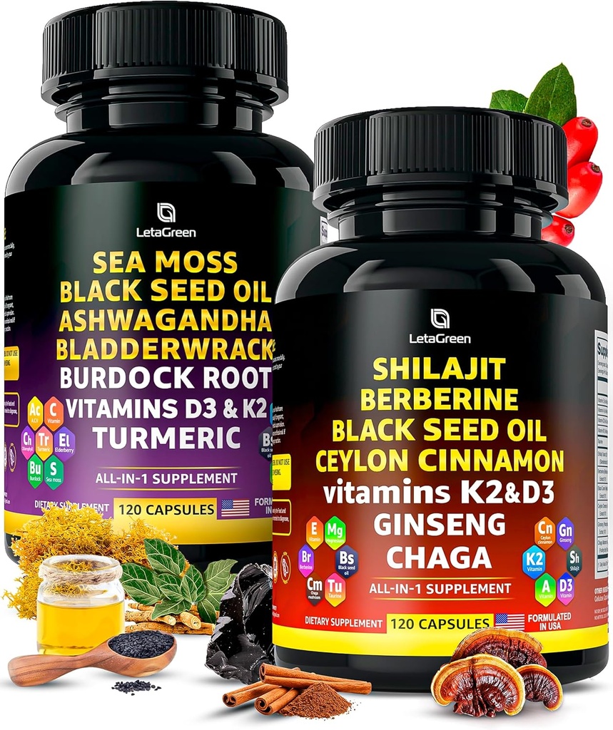 Irlandés Moss y Himalayan Shilajit Capsules - 120 Wildcrafted Sea Moss Pills with Black Seed Oil, Burdock Root & Bladderwrack Powder – 120 Fulvic Acid Pure Shilajit Capsules