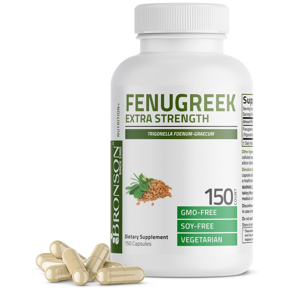 Bronson Fenugreek Seed Powder Capsules Extra Strength, Trigonella Foenum-Graecum, Non-GMO, Soy-Free, Vegetarian, 150 Capsules