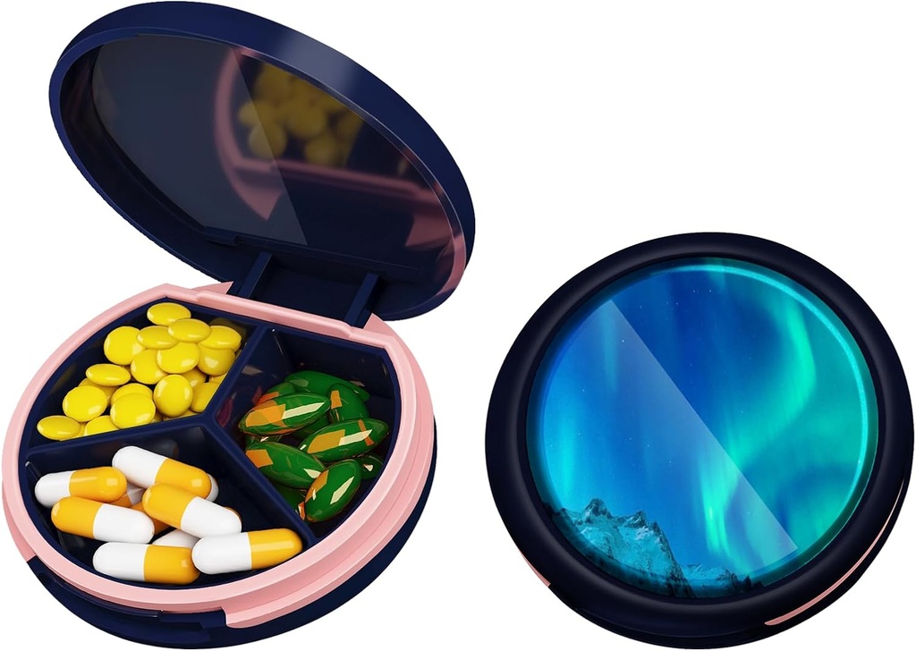 Serfeymi Caja de Píldora Pequeña - 3 Compartimientos Caja de Píldora Portátil, Caja compacta de Píldora de Viaje Mini - Apto para Medicina, Vitamina, Aceite de Pesca, Suplementos - Azul Oscuro (Aurora)