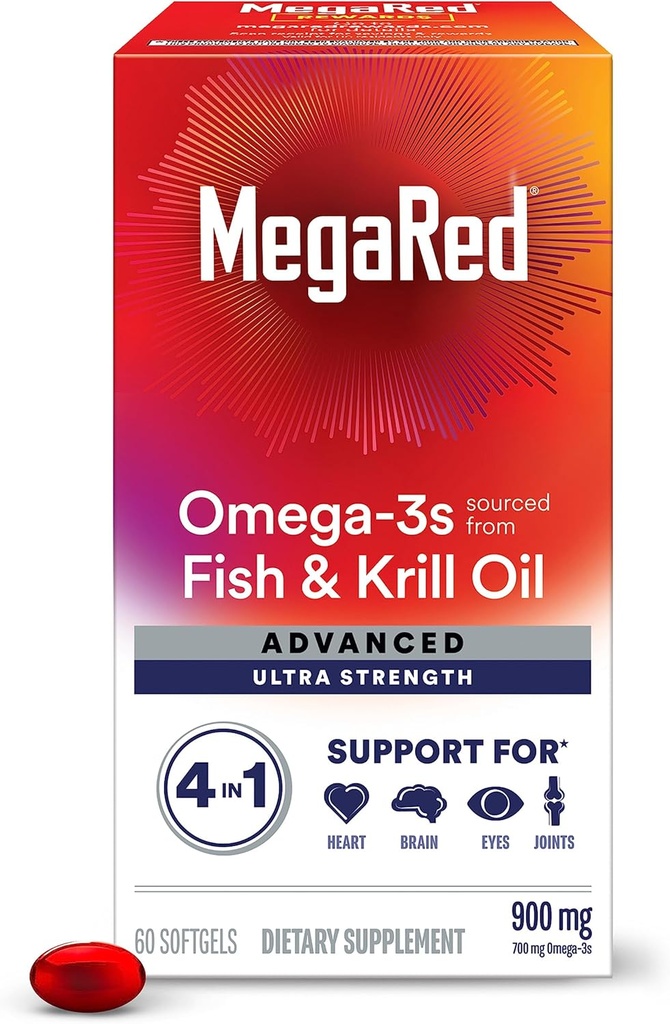 Megared Omega-3 Fish & Krill Oil Suplemento 900mg - MegaRed Advanced 4in1, 60 softgels, 2x Más Omega-3, Corazón, Conjunto, Cerebro y Ojo Suplemento, Rojo, 60 Conde