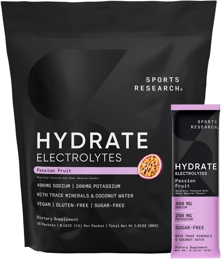 Sports Research® Hydrate Electrolytes Powder Packets - Sin azúcar y naturalmente saboreado con vitaminas, minerales y agua de coco - admite hidratación - 16 Packets - Fruta de la pasión