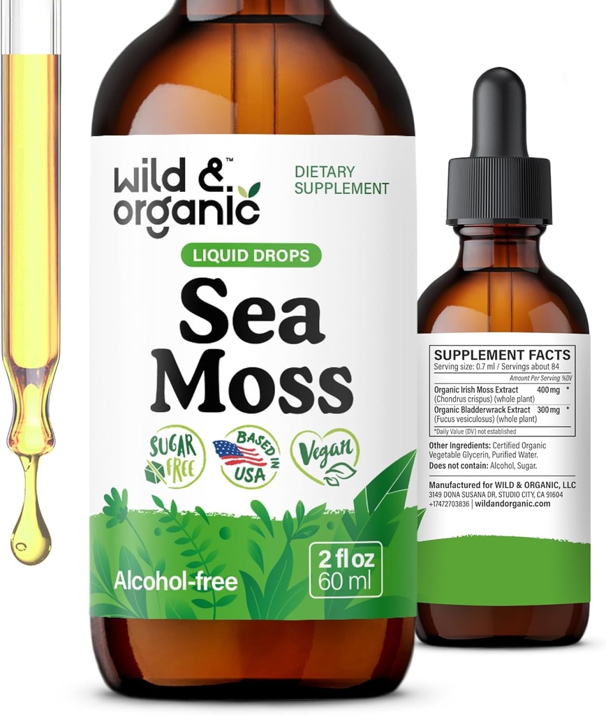 Wild &amp; Organic Sea Moss Liquid Drops - Immune Support - Irish Sea Moss and Bladderwrack Tincture - Multimineral Chondrus Crispus Supplement - Vegan, Sugar &amp; Alcohol-Free - 2 fl oz