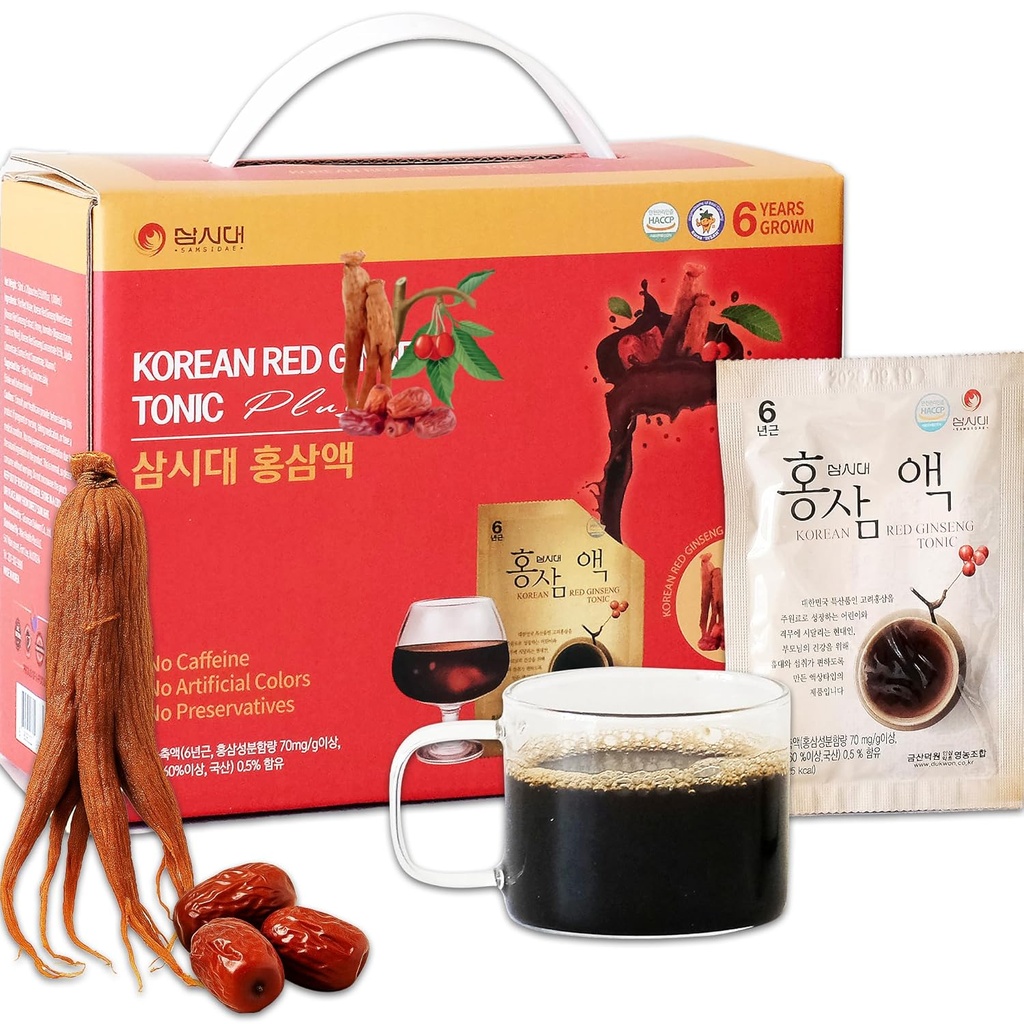 SamSiDae Korean Red Ginseng Tonic – 6 años Grown Roots con Jujube & Cornus Fruit Extract – Suplemento Herbal Libre de Caffeine – Soporta Energía e Immune Health – 20 Conveniente Daily Pouches