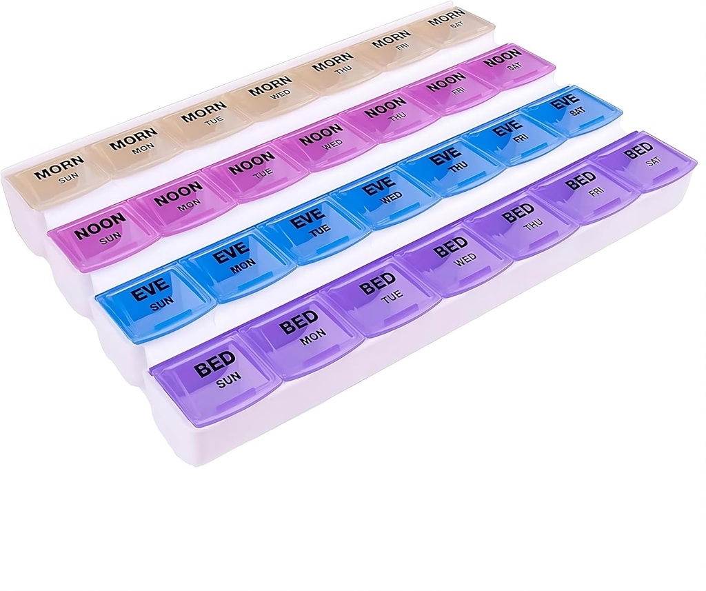 Organizador de píldoras Mediplanificador de 7 días Apex, organizador semanal de píldoras, 4 veces al día de color, tapas fáciles de abrir, etc., organizar medicamentos o vitaminas por AM, PM, noche y noche