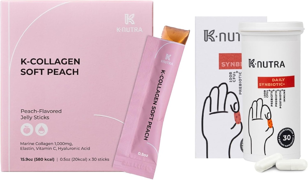 Daily Synbiotic+ (30 caps) 100B CFU, Kimchi Postbiotic & K-Collagen Soft Peach Collagen Jelly (30 Sticks) - Digestive & Skin Health