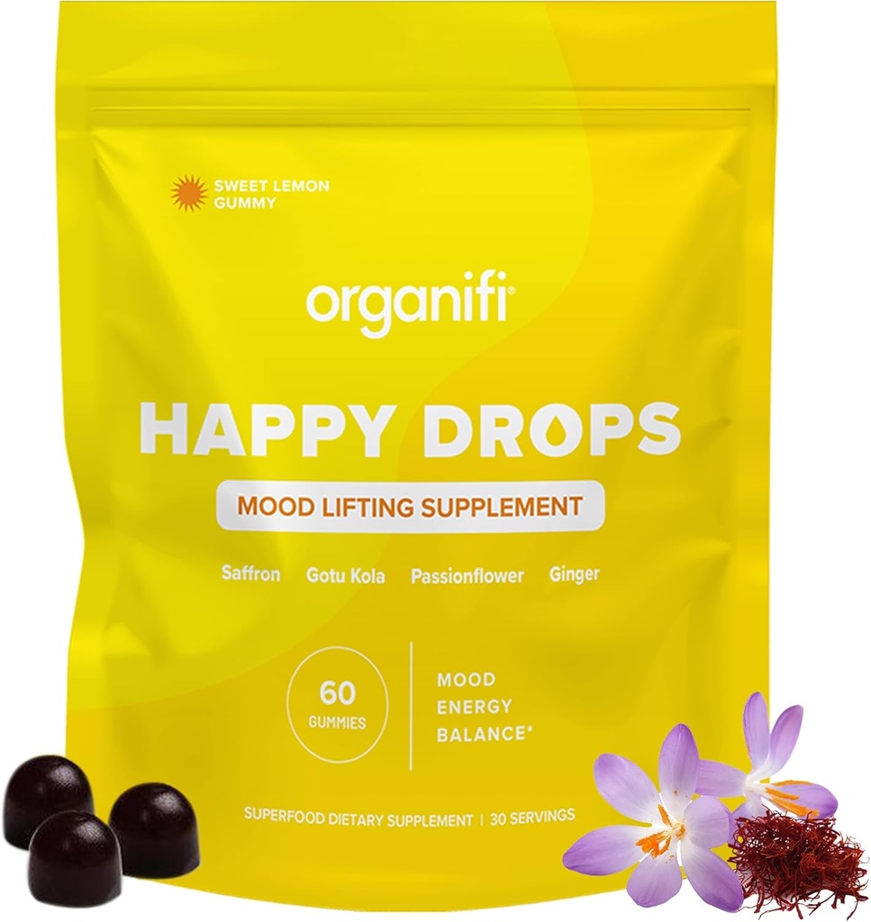 Organifi Happy Drops - Daily Superfood Happy Gummies for Adults - Mood Support Supplement for Balance, Bliss, Energy and Take The Edge Off - Sweet Lemon Flavor - 60 Gummies