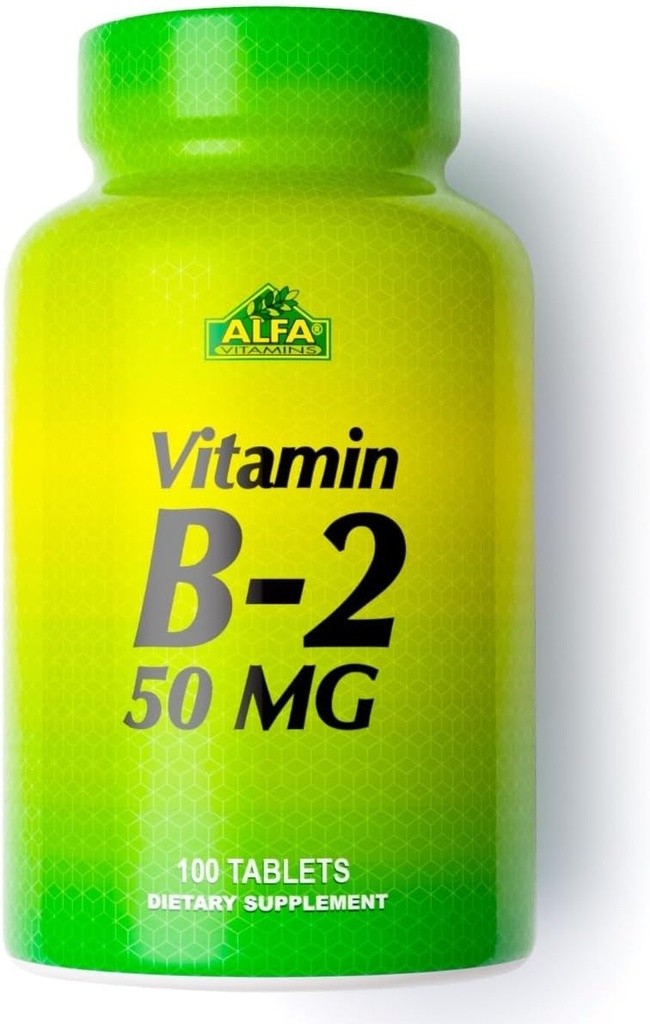 ALFA VITAMINS Vitamina B2 (Riboflavin) Suplemento de 50 mg, apoya la producción energética, la piel, los ojos y la salud cognitiva, no GMO, sin gluten, Suplemento dietético para la salud diaria y bienestar 100 tabletas