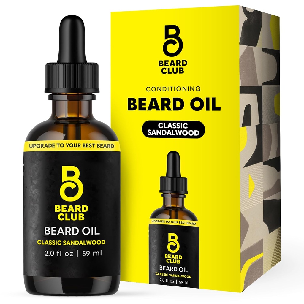 El Beard Club Beard Oil para Hombre - 2oz Classic Sandalwood Natural Beard Oil with Castor & Amber Oils - Beard & Mustache Conditioner - Hydrates, Softens & Soothes Dry Skin - Fortalece las Follicles Pelo