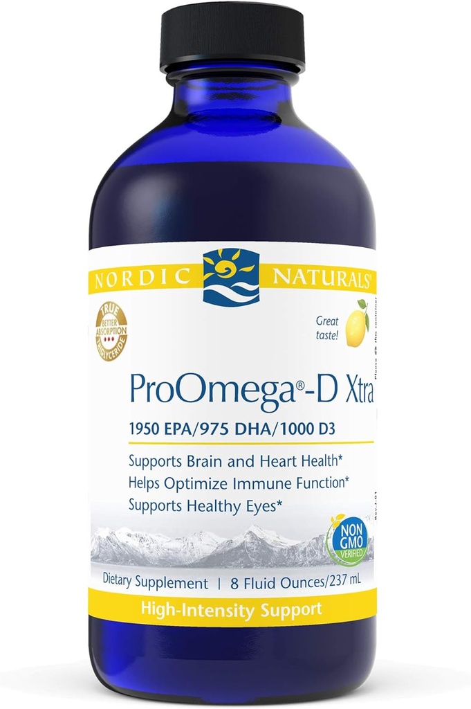 Nordic Naturals ProOmega-D Xtra Liquid, Lemon Flavor - 8 oz - 3400 mg Omega-3 + 1000 UI D3 - Aceite de pescado de alta potencia - EPA & DHA - Cerebro, Ojo, Corazón, &amp; Salud Inmunitaria - No GMO - 48 Servimientos