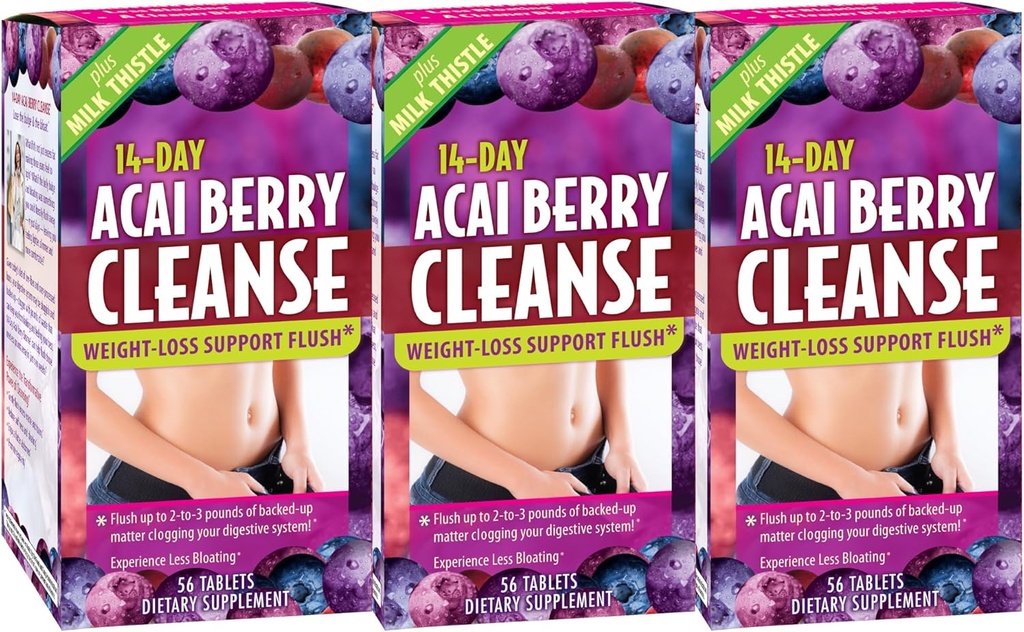 Nutrición aplicada 14 días Acai Berry Cleanse - 56 Tablets, Pack of 3 - Weight-Loss Support Flush + Milk Thistle - 84 Total Servings