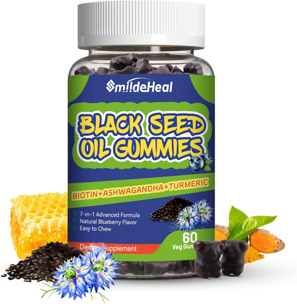 Mangas de aceite de semilla negra, aceite de semilla de comino negro orgánico, aceite de semilla de comino negro orgánico 500 mg, semillas negras y gaviotas de miel, Vegan, 60 Gummies