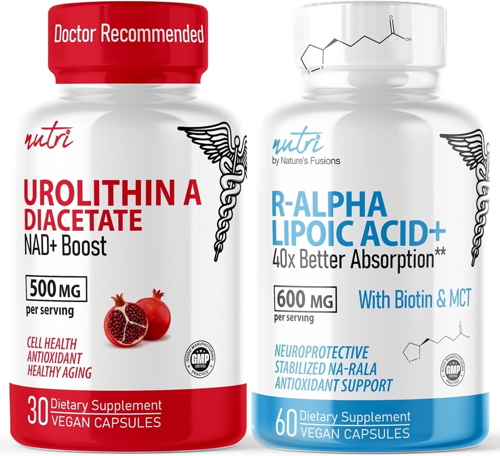 Fusiones de la naturaleza Urolithin A Diacetate 500mg &amp; R Alpha Lipoic Acid 600mg (60 cápsulas) - Antioxidante/Energía Bundle