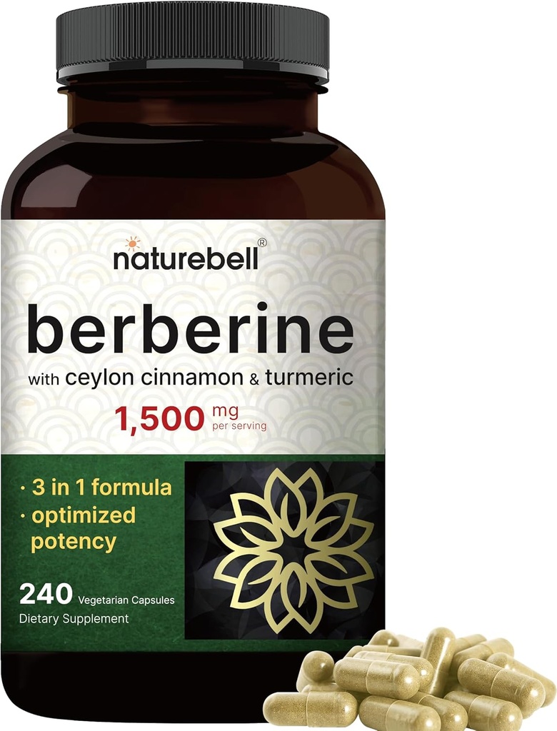 Suplemento bereberina 1500mg con 1000mg Ceylon Cinnamon & 300mg Turmeric, 240 Veggie Capsules  97% Pura bereberina HCL ← Apoya Niveles de azúcar equilibrados & Heart Health TEN Vegan, Non-GMO