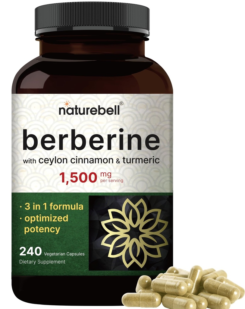 Suplemento bereberina 1500mg con 1000mg Ceylon Cinnamon & 300mg Turmeric, 240 Veggie Capsules  97% Pura bereberina HCL ← Apoya Niveles de azúcar equilibrados & Heart Health TEN Vegan, Non-GMO