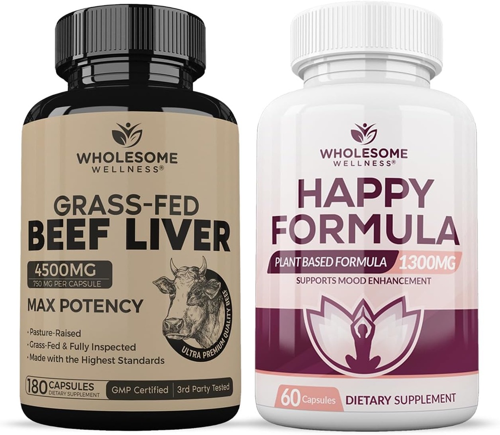 Wholesome Wellness Grass Fed Desiccated Beef Liver Capsules (180 pastillas, 750 mg cada uno) Happy Formula Natural Suplemento de Alivio de la Fórmula