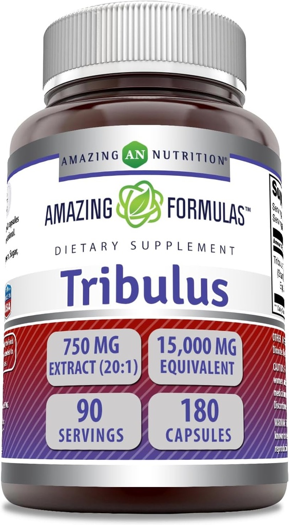 Amazing Formulas Tribulus 750 Mg Extract 20:1Supplement TEN 15000 Mg Equivalent TEN 180 Capsules ← Non-GMO TEN Gluten-Free TEN Made in USA