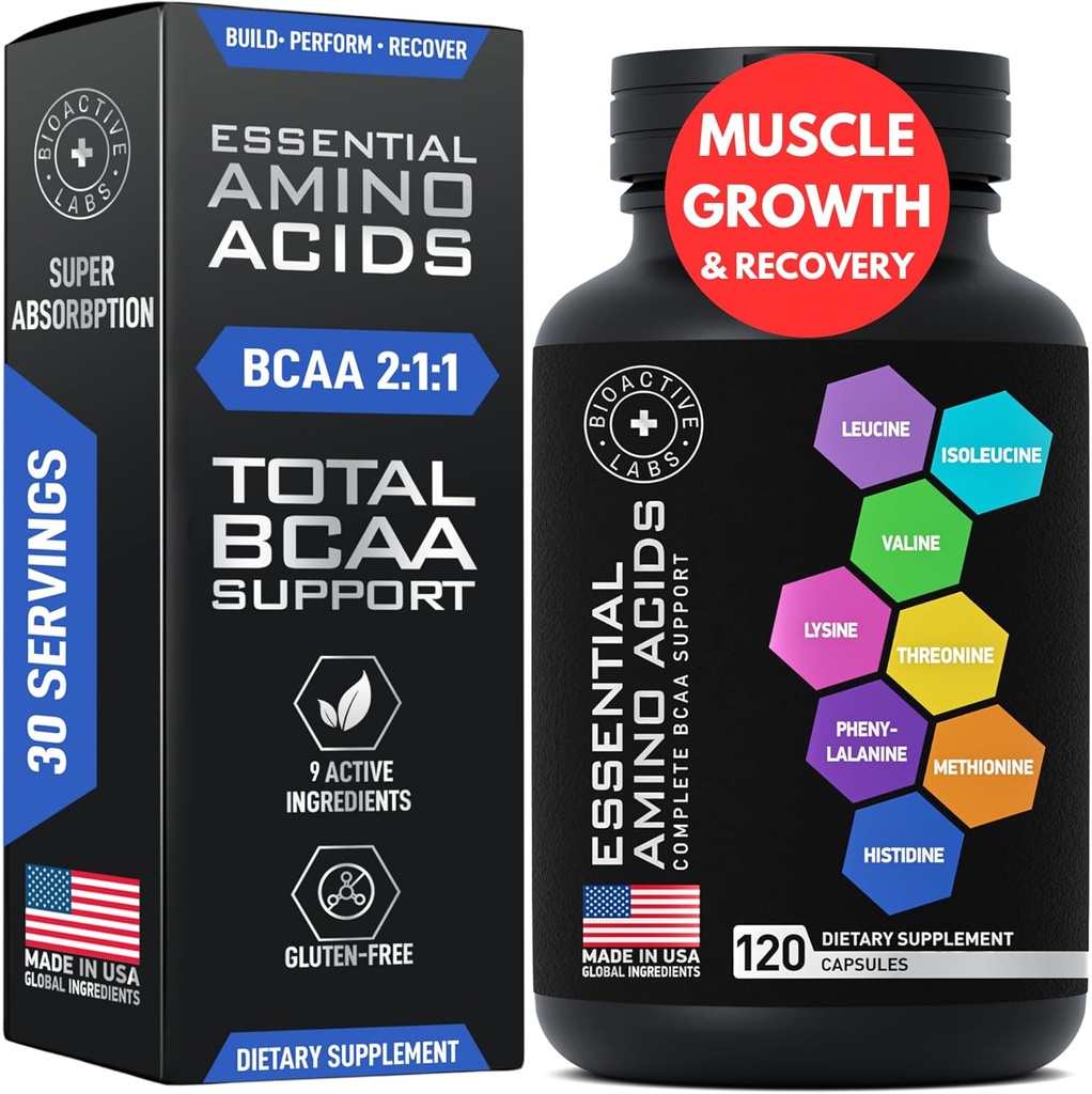 Suplemento de Aminoácidos Esenciales para Hombres - Complejo Aminoácidos Vegan BCAA para el Crecimiento Musculo con los 9 Aminos Esenciales BCAA - Adelgazamiento avanzado Power &amp; Recovery Fórmula - 120 EAA BCAA Pills