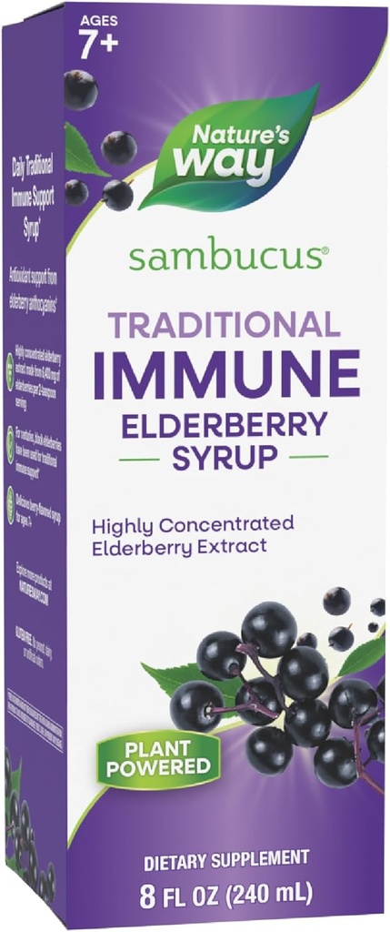 Camino de la Naturaleza Sambucus Elderberry Tradicional de jarabe Inmune, Extracto de Elderberry Negro Altamente Concentrado, Apoyo Inmunitario Tradicional*, Delicious Berry Flavored, 8 Fl Oz (Packaging May Vary)
