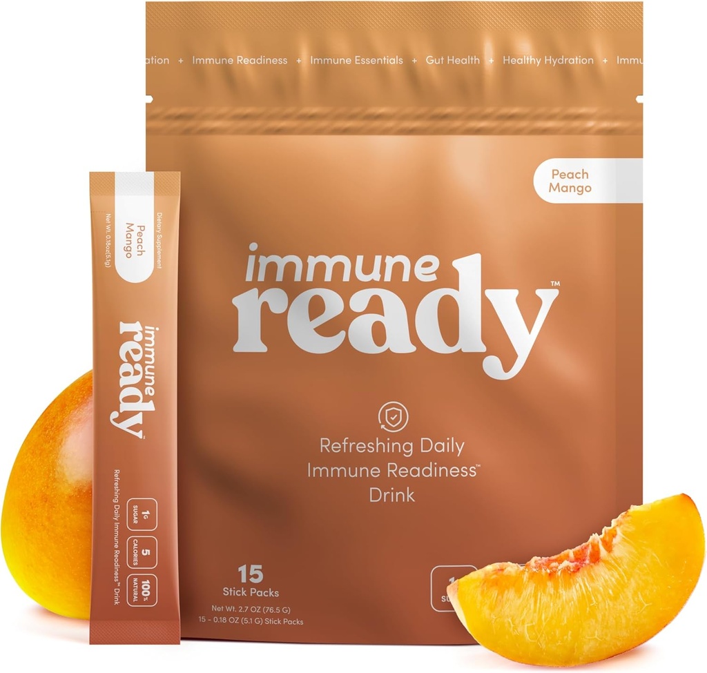 Immune ReadyTM Electrolytes Powder Packets – Immunity Boost Drink Mix with Vitamin C, Zinc Picolinate, Inulin Powder " Beta Glucan – Sugar-Free Peach-Mango, 15 Servings