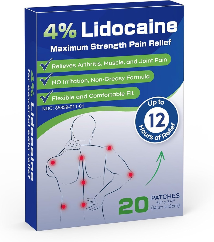 Uposiut 4% Lidocaine Patches, 20 Conde Patches Maximum Strength Lidocaine Patches (20 Patches), para Muscle Pain Relief en el cuello, hombros, espalda, rodillas y hormigas, 12 horas Dolor de alivio-012345