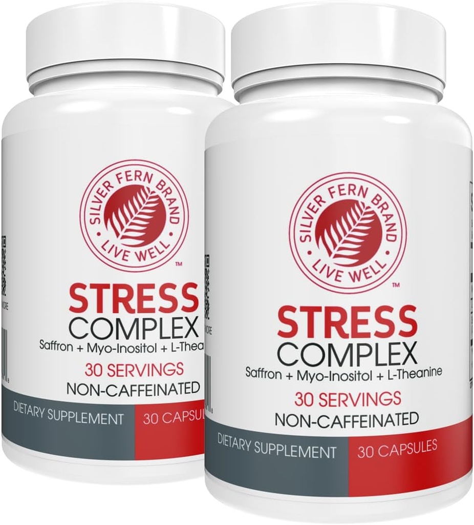 Suplemento Complejo de Estrés de Fern de Plata - Sin Caffeine - Dormir, Worry, Mood &amp; More - con Suplementos de Saffron, Suplemento L-Theanine, &amp; Myo-inositol - Suplemento de Alivio de Estrés Natural (Pack of 2)