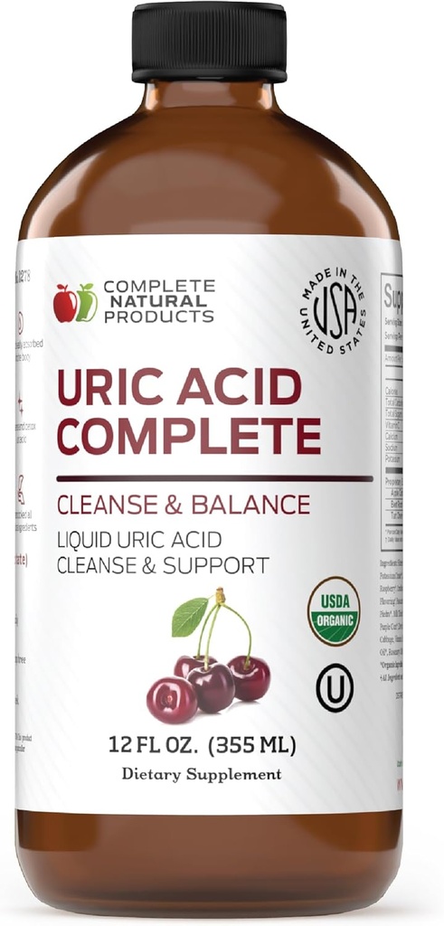 Complete Natural Uric Acid Complete - Suplemento líquido para apoyar Uric Acid Cleanse, Kidney Health &amp; Blood Circulation con Apple Sider Vinegar, Tart Cherry, Beet Root, Lemon, Cinnamon - 12oz