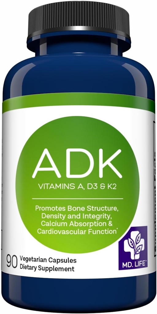 MD.LIFE ADK Suplemento de vitamina – Vitamina D3 K2 y Complejo – 120 cápsulas – Vitamina de alta potencia ADK para el soporte de salud ósea y cardíaca