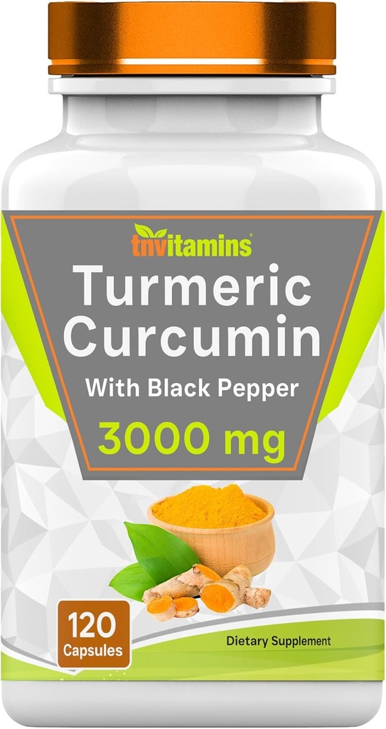 tnvitamins Turmeric Curcumin Capsules with Black Pepper TEN 3000 MG - 120 Capsules ← Extra Strength Golden Turmeric Curcumin Suplemento ← Non-GMO Silencio Producido en Los Estados Unidos