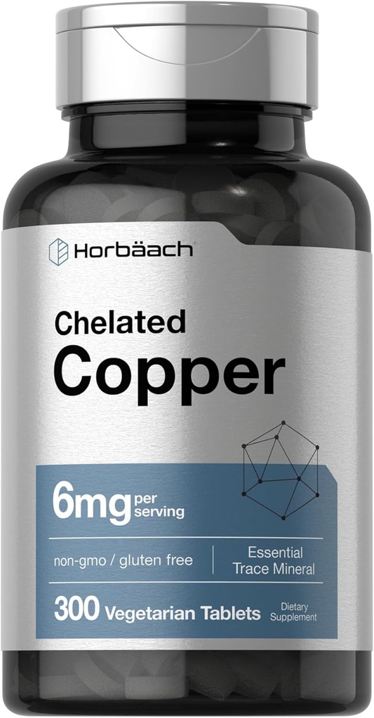 Horbäach Chelated Copper Suplemento 6mg  300 Tablets  durable Essential Trace Mineral Silencio Vegetarian, Non-GMO, Gluten Free