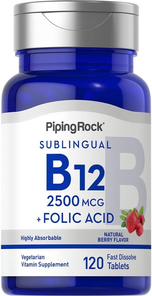 Piping Rock Vitamin B12 Sublingual | 2500 mcg | 120 Tablets | with Folic Acid | Supplement for Women and Men | Berry Flavor | Vegetarian, Non-GMO, Gluten Free