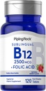 Piping Rock Vitamina B12 Sublingual TEN 2500 mcg ANTE 120 Tablets TENIDO con Folic Acid TENIDO Suplemento para Mujeres y Hombres ANTE Berry Flavor TEN VÉGICO, NO GMO, Gluten Free