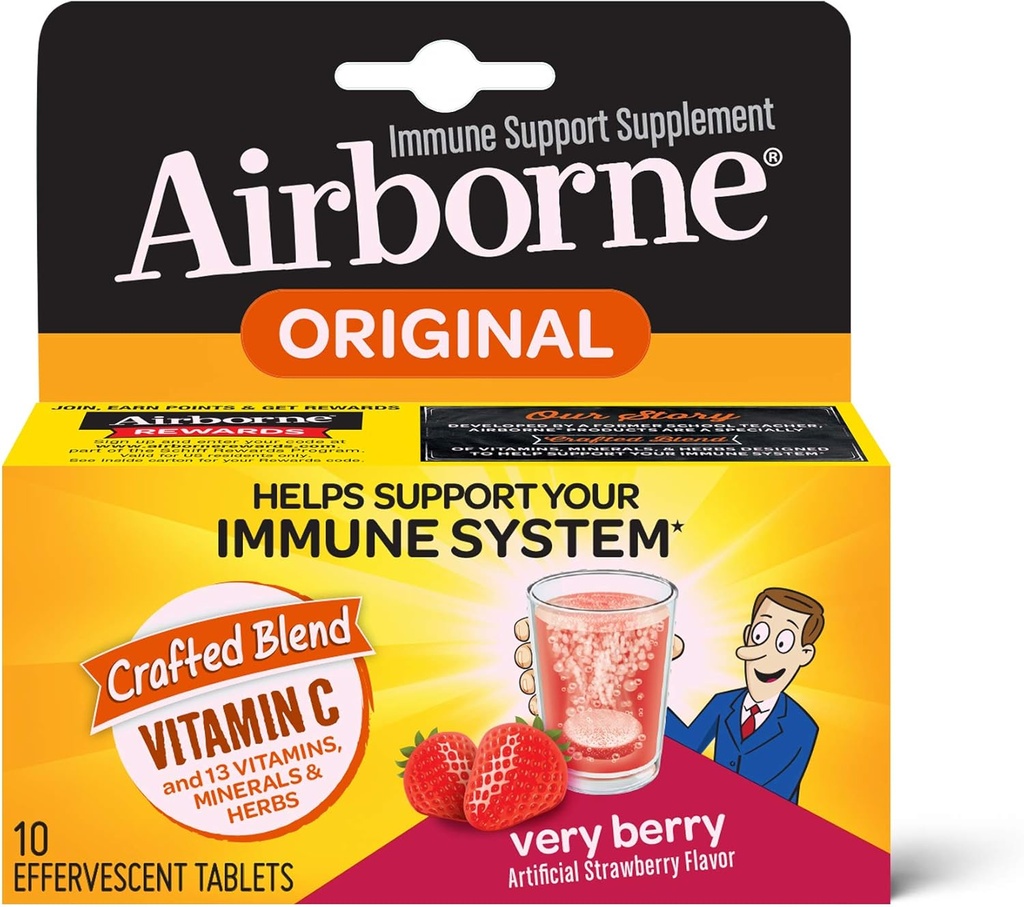 Airborne Very Berry Effervescent Tablets, 10 Cuenta - 1000 mg de vitamina C - Suplemento de Apoyo Inmunitario (Paquete Mayo Vary) (Pack of 3)