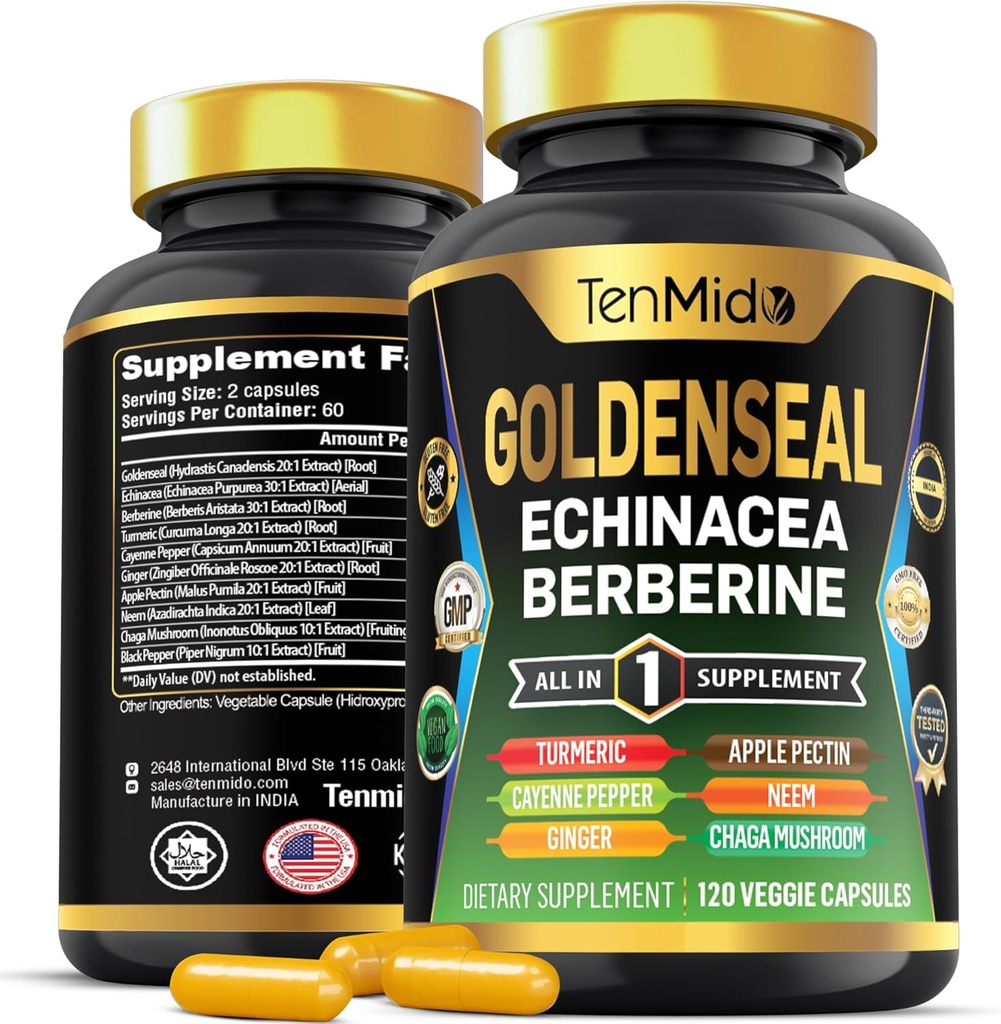Goldenseal Root Suplemento - 10in1 Fórmula - Combina con Echinacea, Berberine, Turmeric, Cayenne Pepper, Ginger, Apple Pectin, Neem, &amp; More - Asistencia sanitaria digestiva - 120 cápsulas