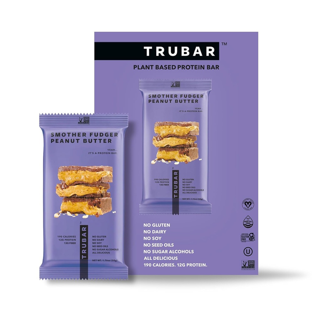TRUBAR Vegan Protein Bares - Smother Fudger Peanut Butter, Soy Free, Dairy Free, Gluten Free Protein Bares - Sin Sugar Alcoholes - Non-GMO - 12g de Protein - 12 Conde
