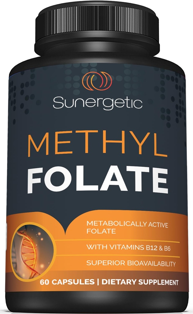 Sunergetic Premium Methyl Folate Supplement – with Methylated Vitamin B12 and Vitamin B6 – Metabolically Active Folate as Magnafolate - Methylfolate 400 mcg per Capsule – 60 Capsules
