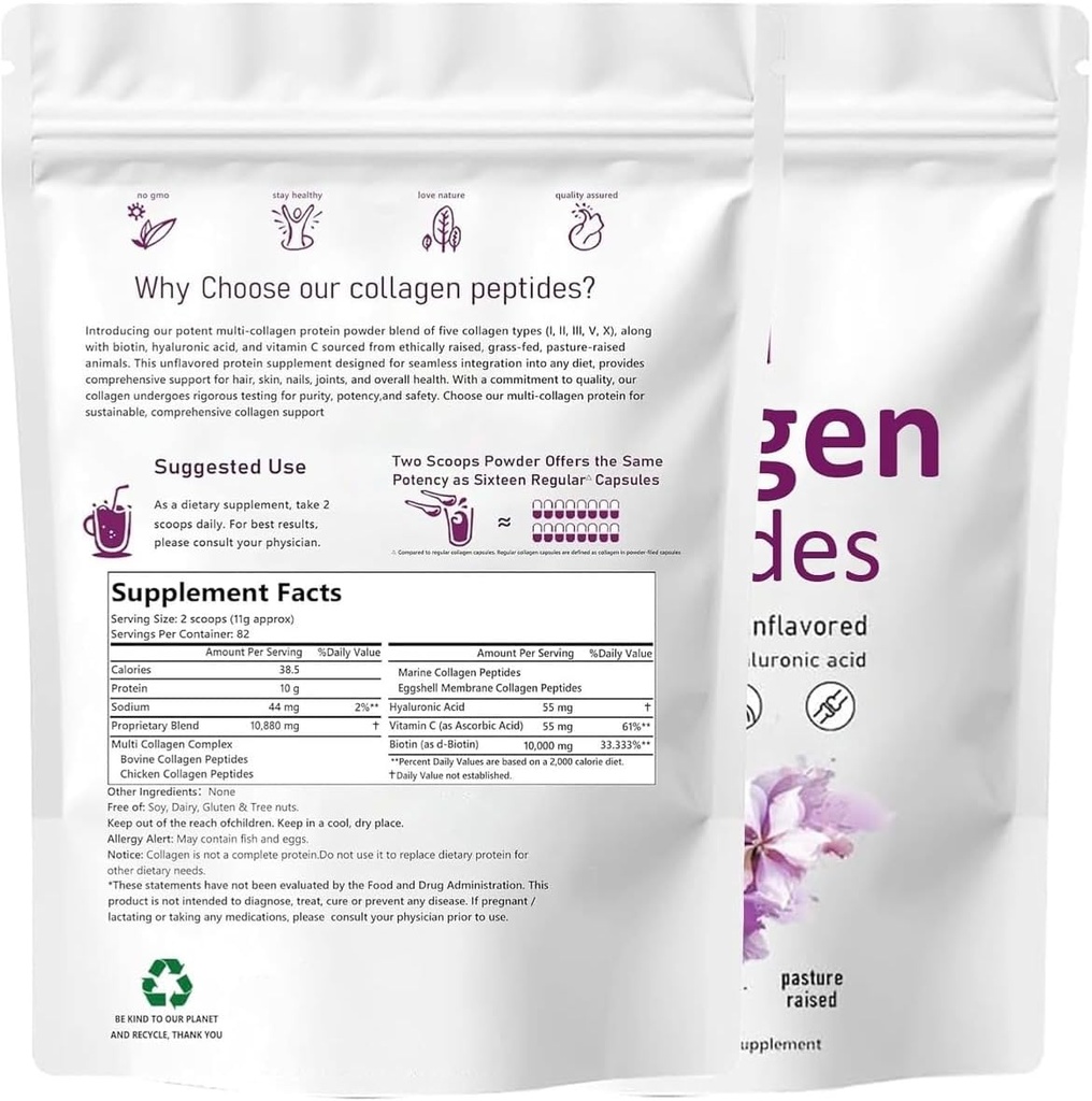 Péptidos multi colágeno, Tipo I, II, III, V, X, Desarrollados, 1 lb (453.6 g), con Biotina, Vitamina C, Ácido Hialurónico, Aliado de Grass, Pasto-Raizado
