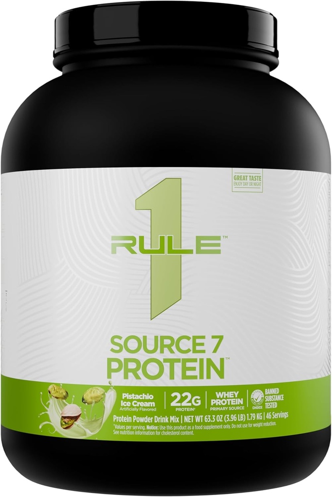 Rule 1 Source 7 Protein – Decadent Flavor, Velvety Smooth Texture, 22g Anytime Protein, and 10g Naturally Occurring EAAs Per Serving from 7 Premium Sources (4 Pounds*, Pistachio Ice Cream)