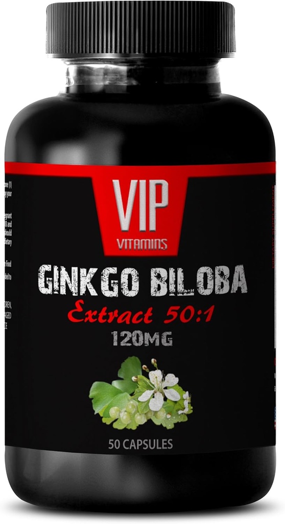 Vitaminas para el cerebro y la memoria - Ginkgo BILOBA 120MG - Extracto 50:1, Complejo Gingko biloba, Suplementos Ginkgo biloba, Suplementos de memoria del cerebro, Suplemento de memoria para las pilas de memoria, 1Bottle