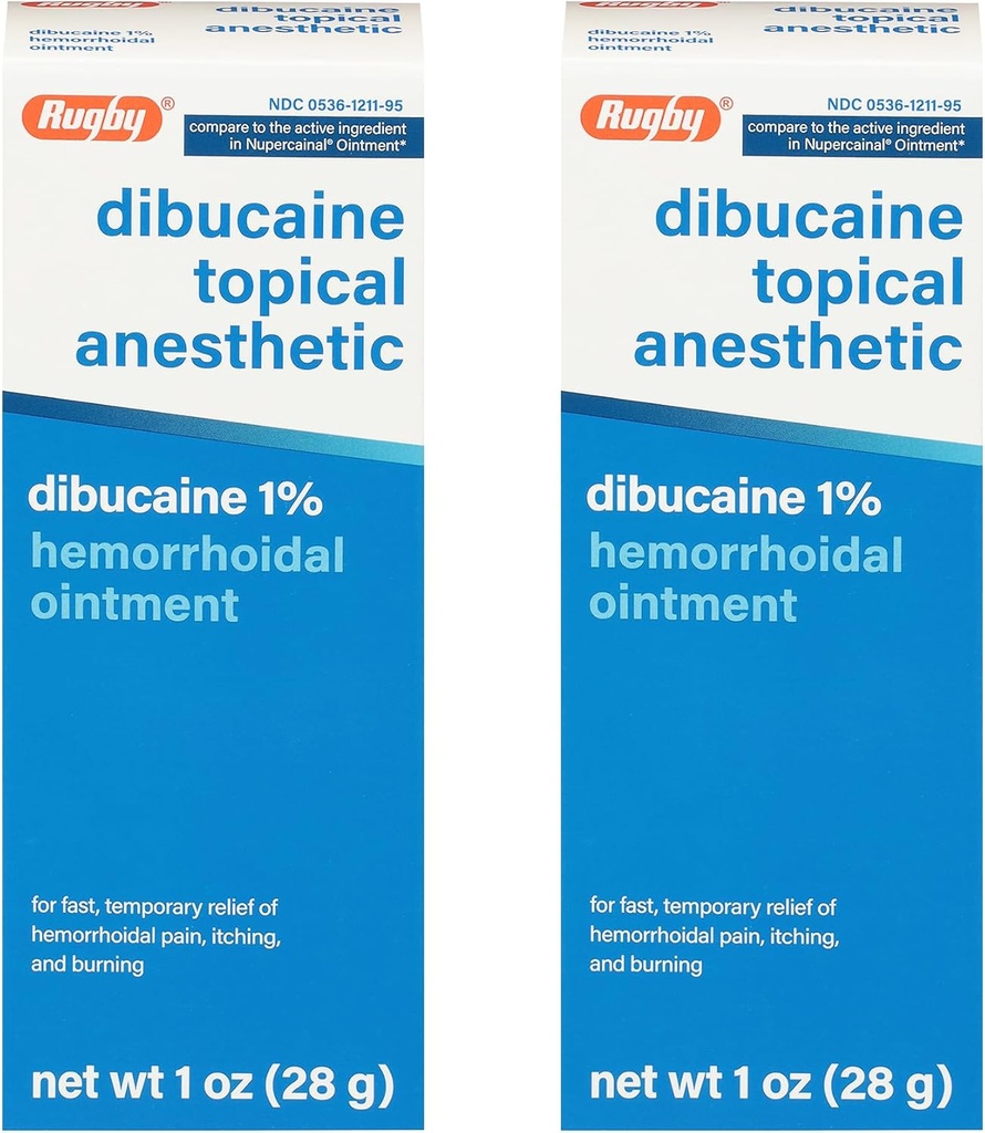Rugby Dibucaine Topical Anesthetic 1% Hemorrhoid Ointment - Crema de alivio de dolor para picar y quemar, Tratamiento de hemorroides, Anti Itch Cream 1 Oz (2 Pack)
