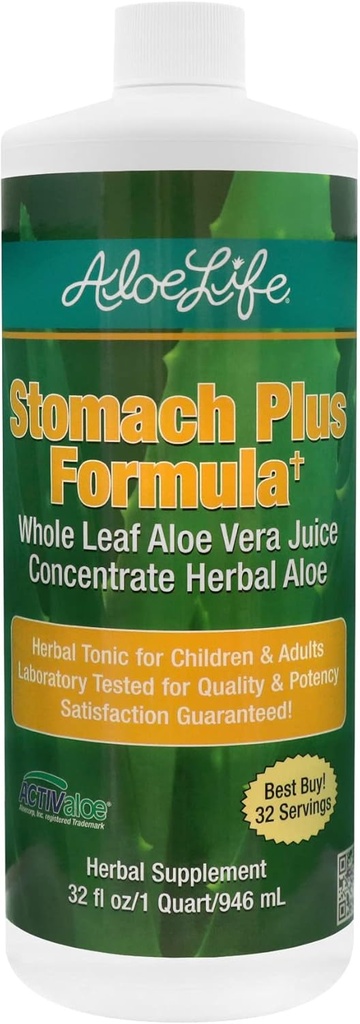 Aloe Life - Stomach Plus Formula, Fast-Acting Tonic for Children, Adults, " Seniors, Supports Healthy Digestion " Helps to Soothe Gas, Bloating, " Nausea, Aloe Vera Concentrate, Gluten-Free (32 oz)