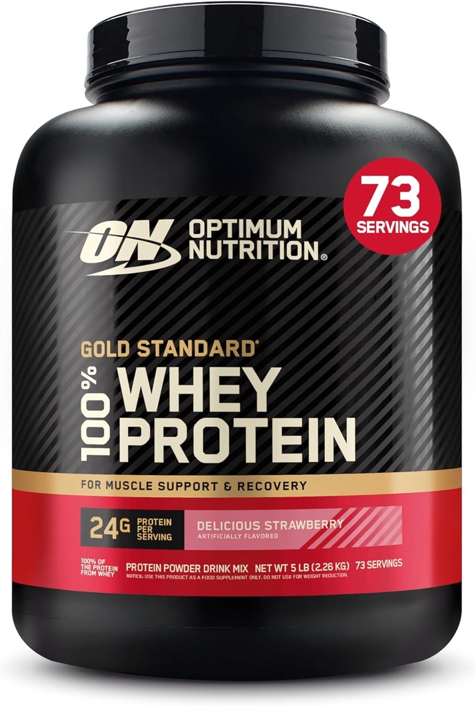Optimum Nutrition Gold Standard 100% Whey Protein Powder, Delicious Strawberry, 5 libras (Packaging May Vary)