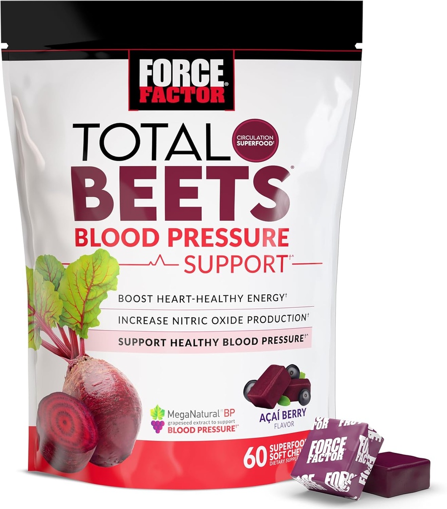 Factor de fuerza Total Beets Presión de sangre Suplementos con Polvo de remolacha, Hojas de gran tamaño Chewables para la energía sana del corazón, y aumento de óxido nítrico, 60 Chews