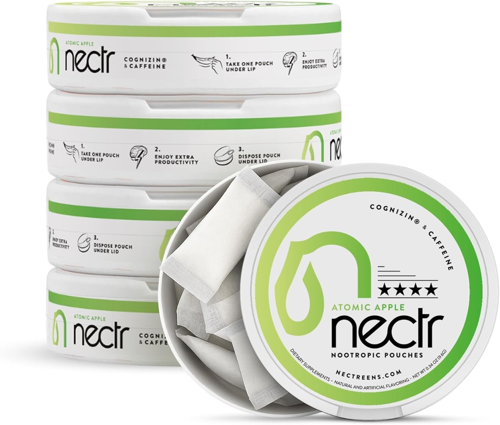 Nectr Energy Nootropic Pouches – Atomic Apple Flavored, Caffeine Pouches with Cognizin® Citicoline. Treats cerebrales libres de azúcar. Smooth, Sustained Focus & Energy Supplement - 1 Puck of 16pcs